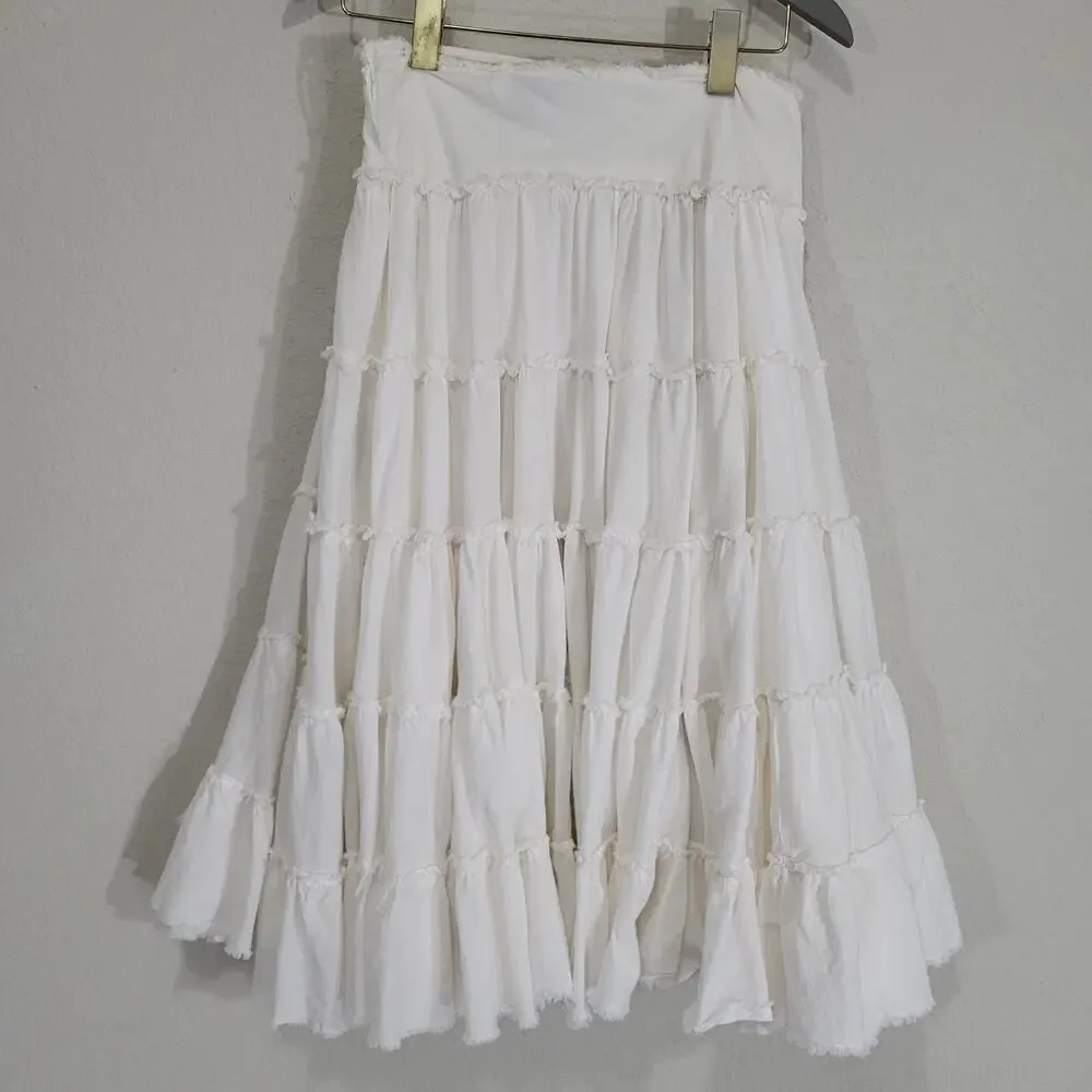 Ing White Tiered Cotton Skirt Size S Ruffle Boho Cottagecore Midi Below Knee - Picture 2 of 12